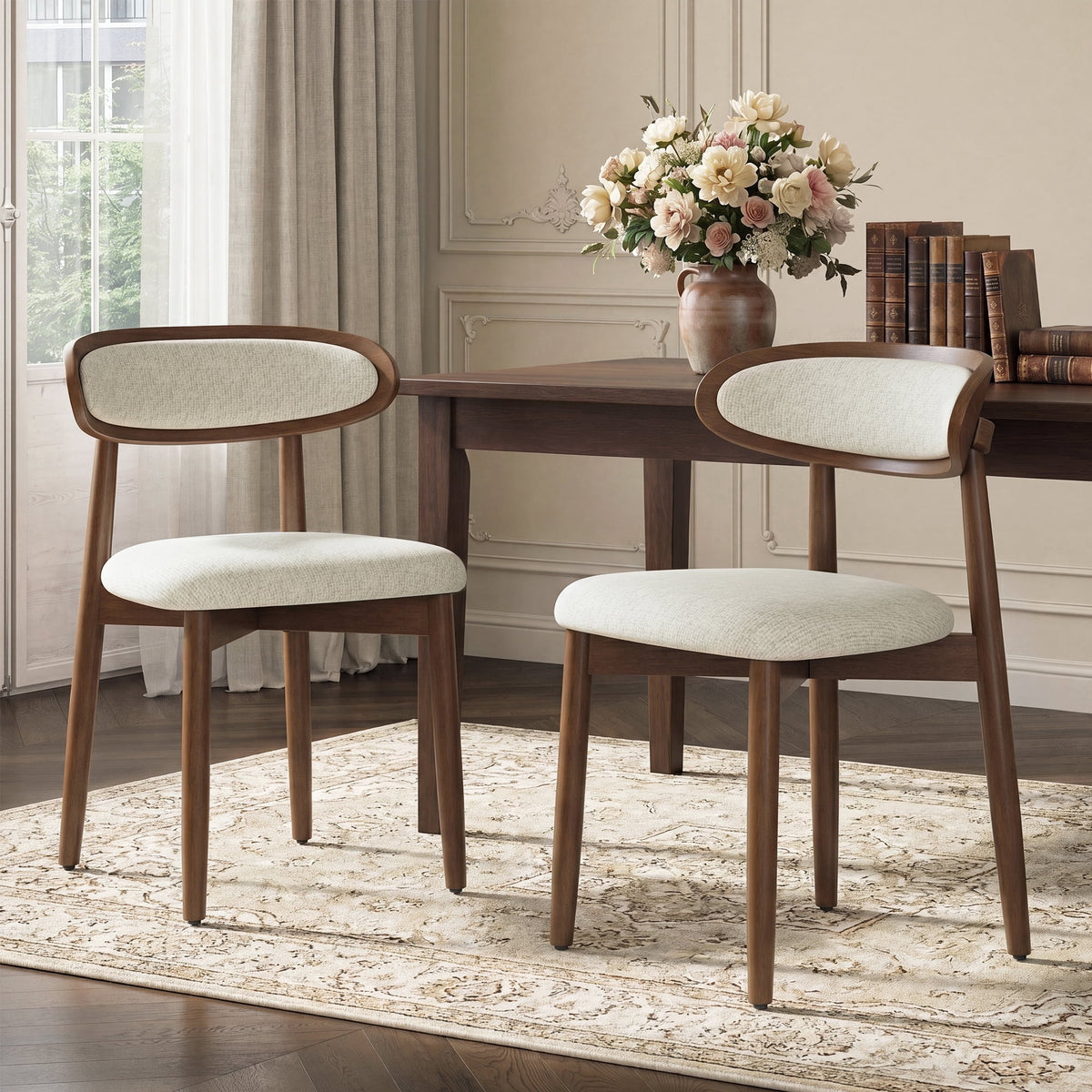 EOP Upholstered Dining Chairs Set of 2, Farmhouse Modern Fabric Wooden Dining Room Chair with Curved Back, Kitchen Side Chairs for Restaurant, Living Room, Beige