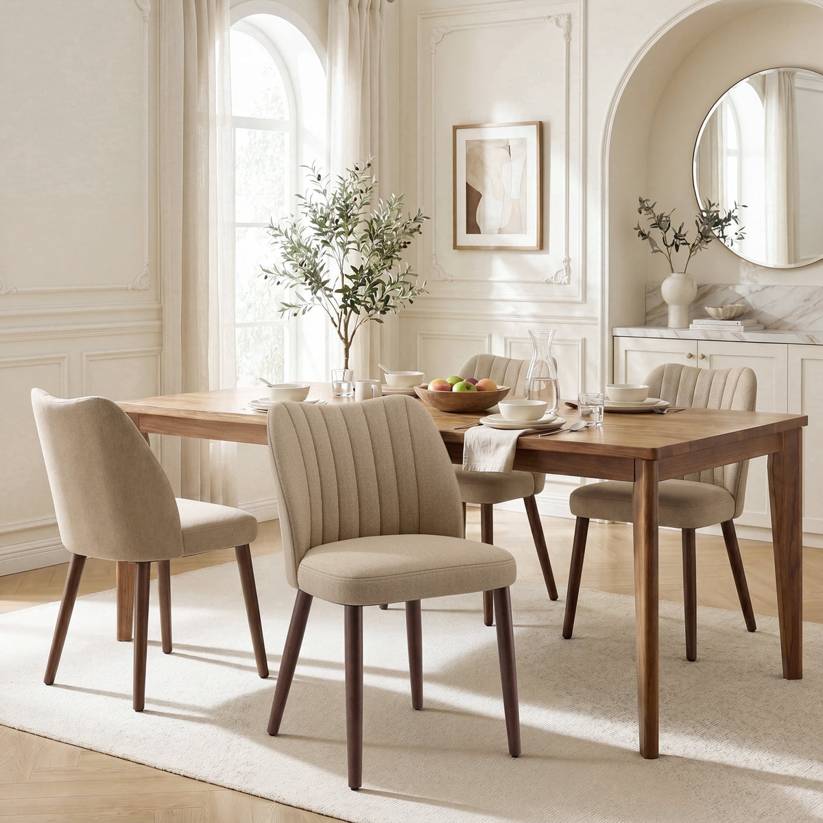 EOP Upholstered Dining Chairs Set of 4, Farmhouse Fabric Kitchen Chairs with Solid Wood Legs, Modern Restaurant & Cafe Side Chairs for Home Dining Room, Camel
