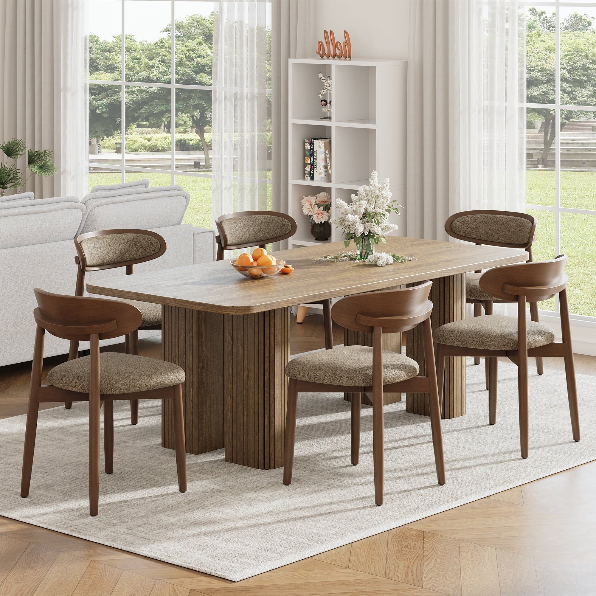 EOP Upholstered Dining Chairs Set of 2, Farmhouse Modern Fabric Wooden Dining Room Chair with Curved Back, Kitchen Side Chairs for Restaurant, Living Room, Beige