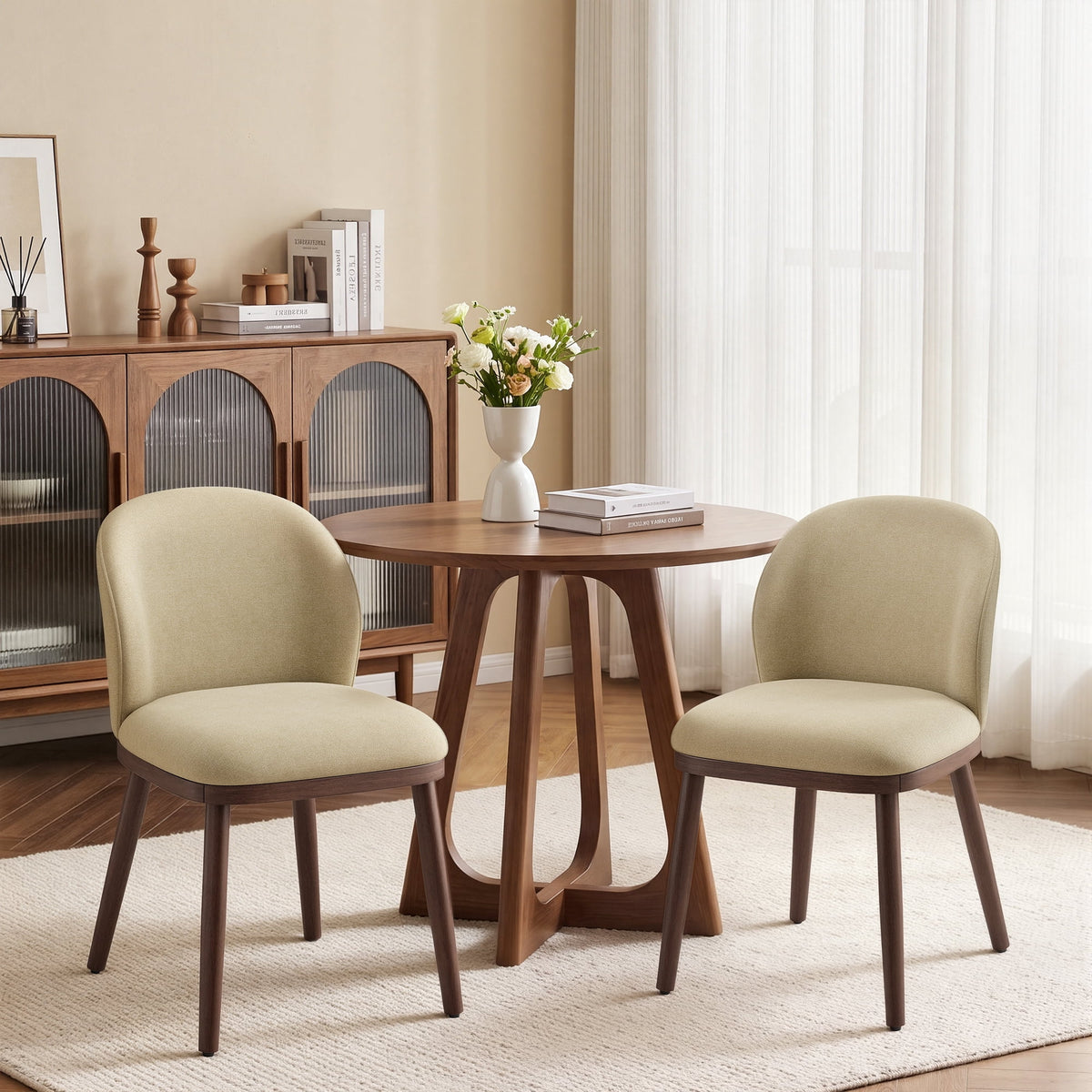EOP Upholstered Dining Chairs Set of 2, Modern Fabric Dining Side Chairs with Wood Legs & Wing Backrest, for Dining Room Living Room Bedroom, Beige