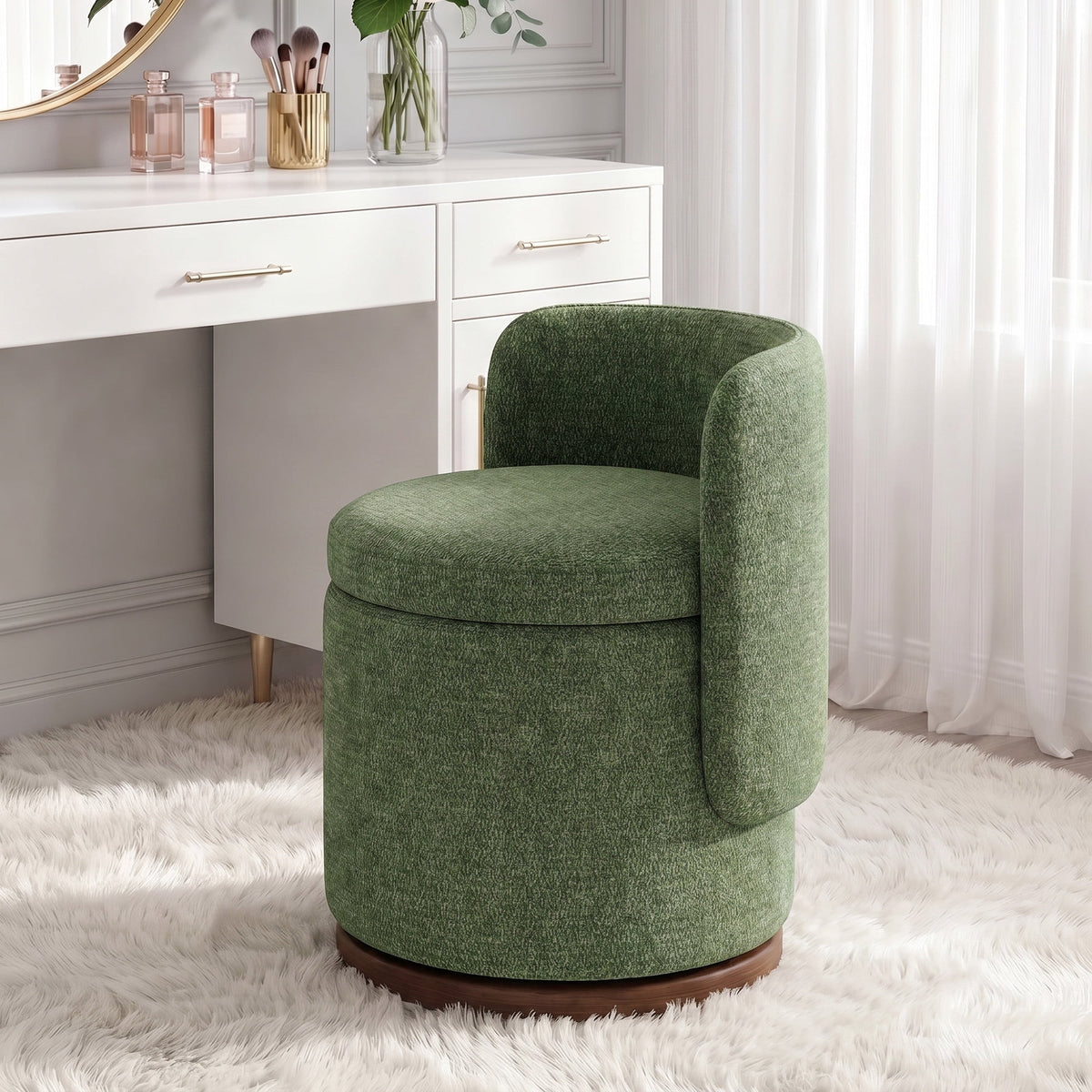 EOP Vanity Chair with Storage, 360° Swivel Upholstered Makeup Vanity Stool with Back, Modern Round Accent Stool for Bedroom or Dressing Room, White