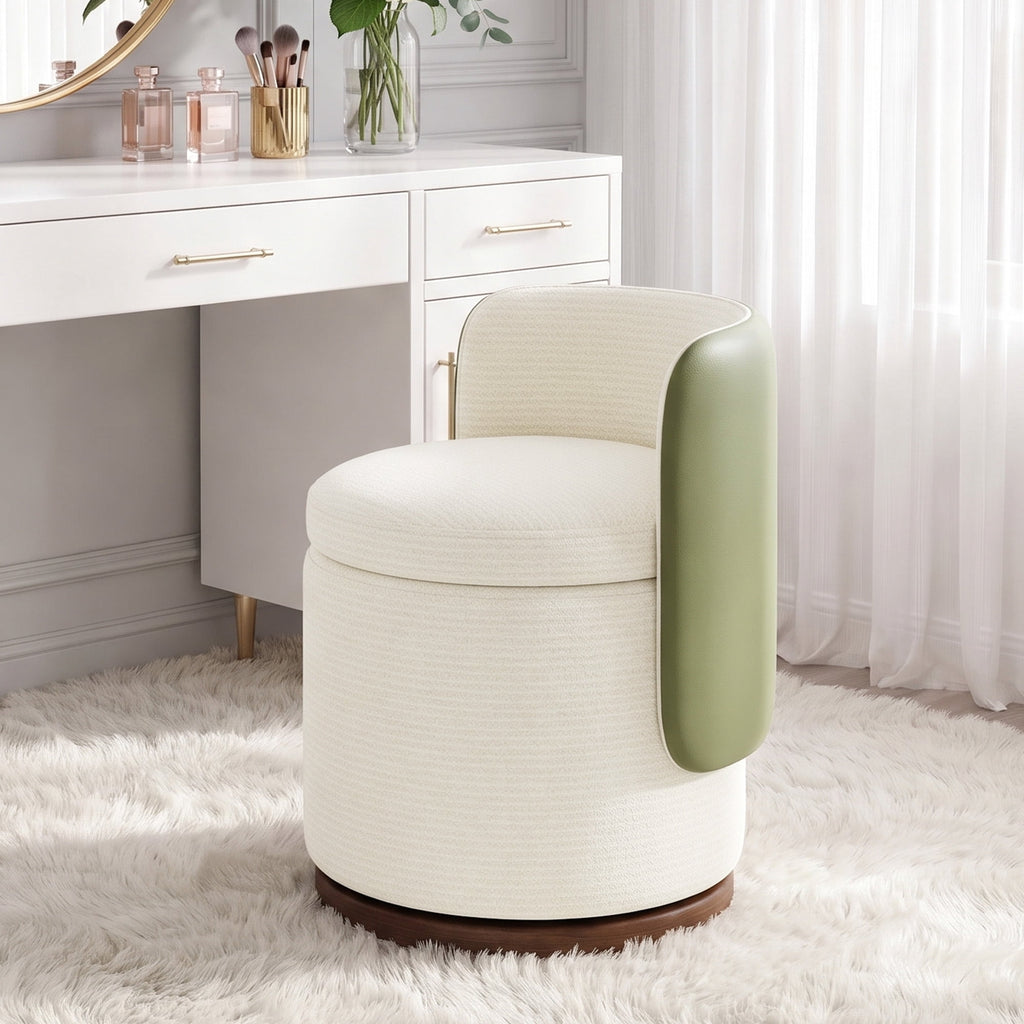 EOP Vanity Chair with Storage, 360° Swivel Upholstered Makeup Vanity Stool with Back, Modern Round Accent Stool for Bedroom or Dressing Room, White