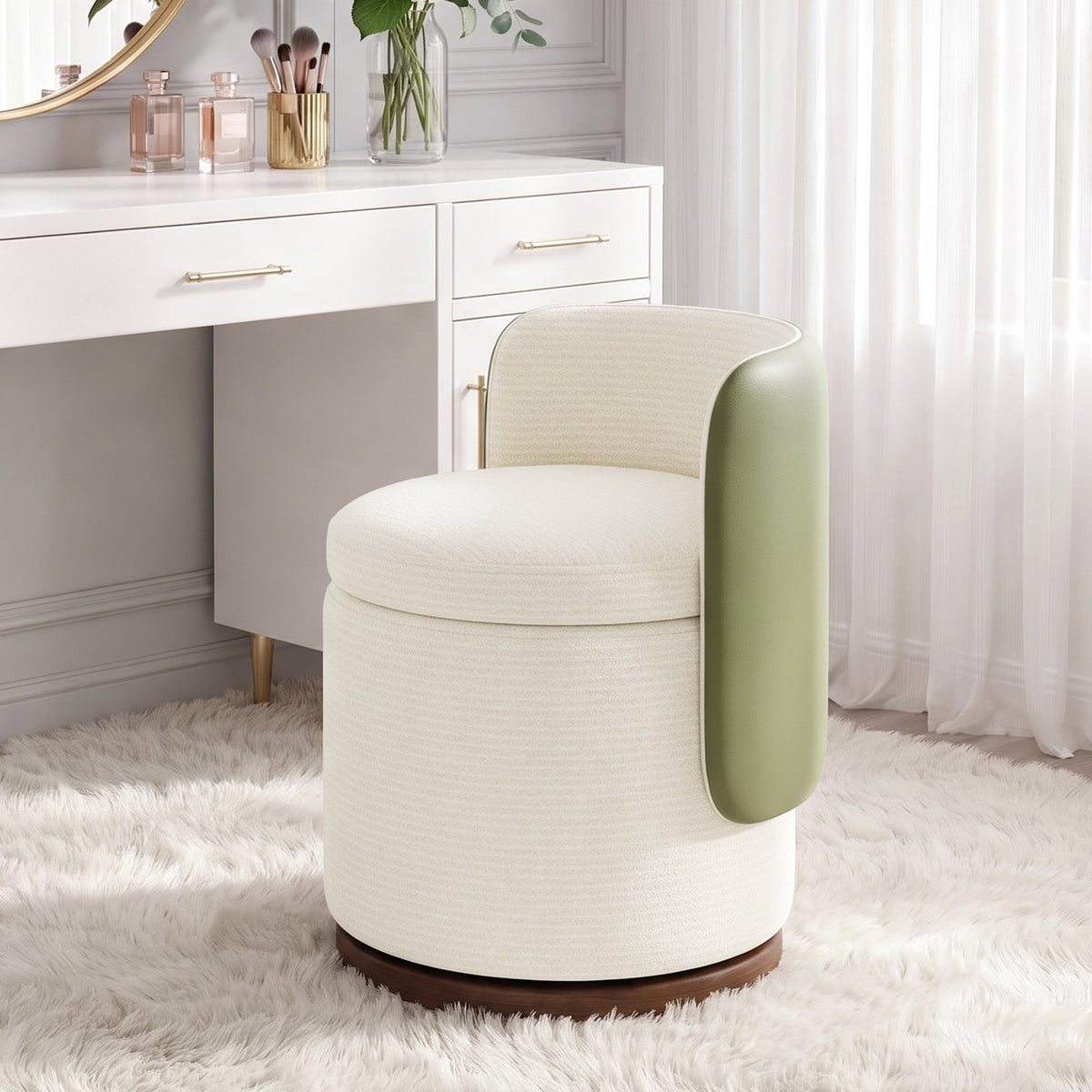 EOP Vanity Chair with Storage, 360° Swivel Upholstered Makeup Vanity Stool with Back, Modern Round Accent Stool for Bedroom or Dressing Room, White