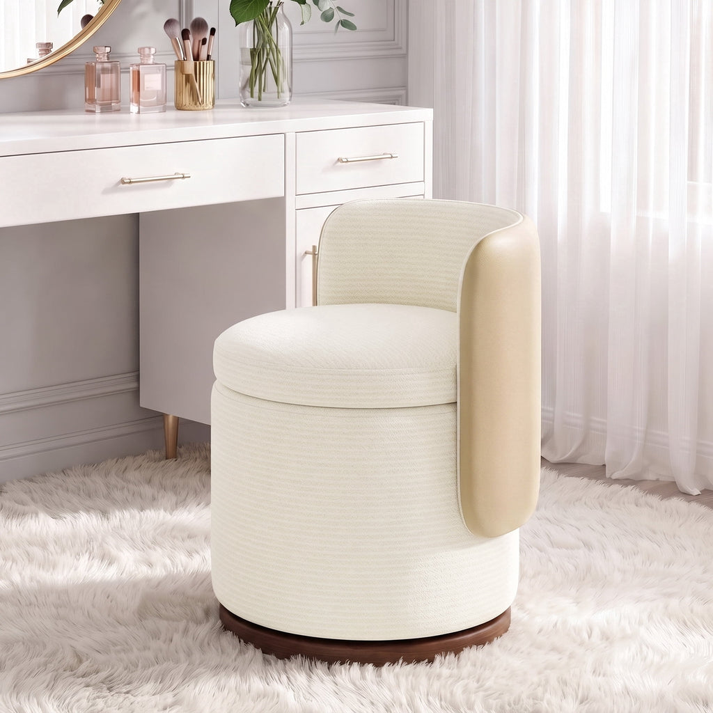 EOP Vanity Chair with Storage, 360° Swivel Upholstered Makeup Vanity Stool with Back, Modern Round Accent Stool for Bedroom or Dressing Room, White