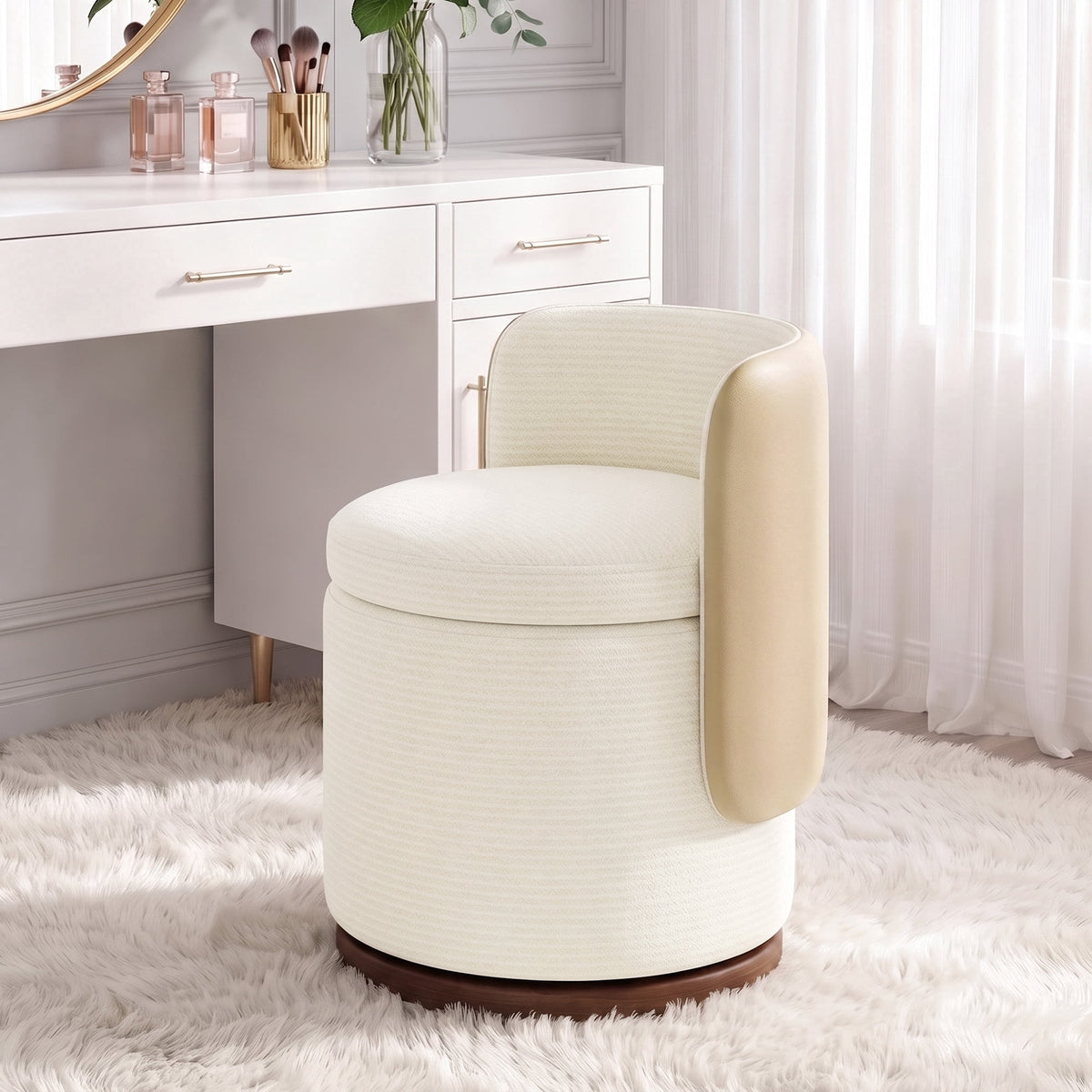 EOP Vanity Chair with Storage, 360° Swivel Upholstered Makeup Vanity Stool with Back, Modern Round Accent Stool for Bedroom or Dressing Room, White
