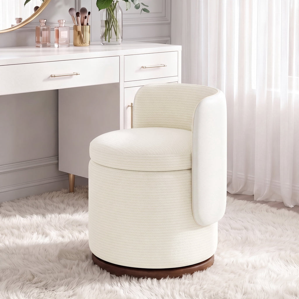 EOP Vanity Chair with Storage, 360° Swivel Upholstered Makeup Vanity Stool with Back, Modern Round Accent Stool for Bedroom or Dressing Room, White
