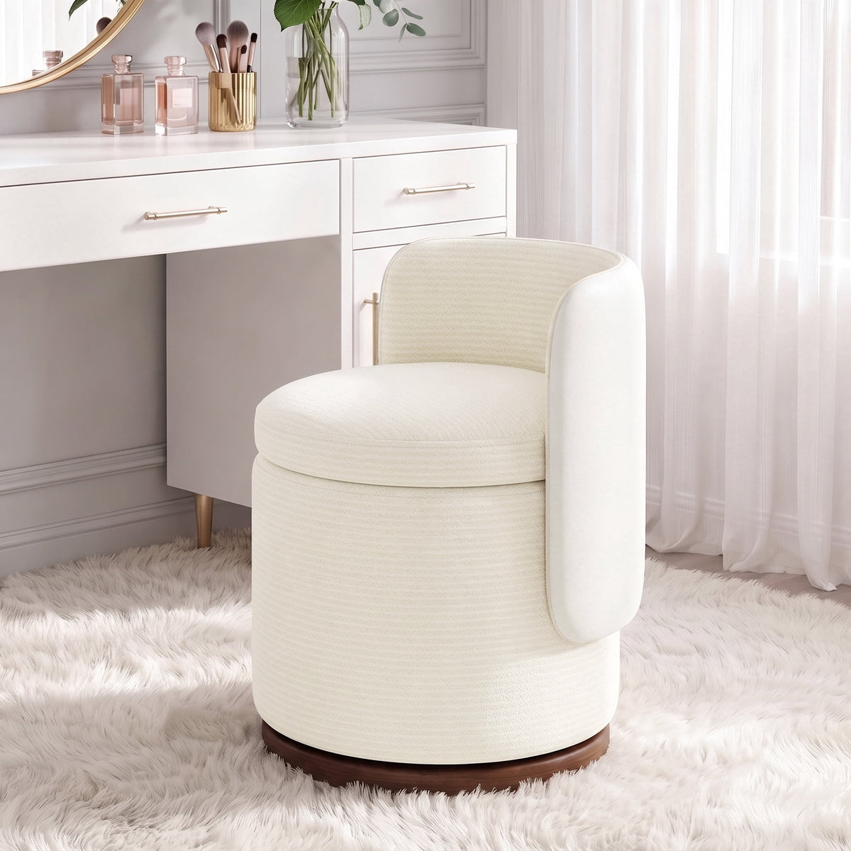 EOP Vanity Chair with Storage, 360° Swivel Upholstered Makeup Vanity Stool with Back, Modern Round Accent Stool for Bedroom or Dressing Room, White