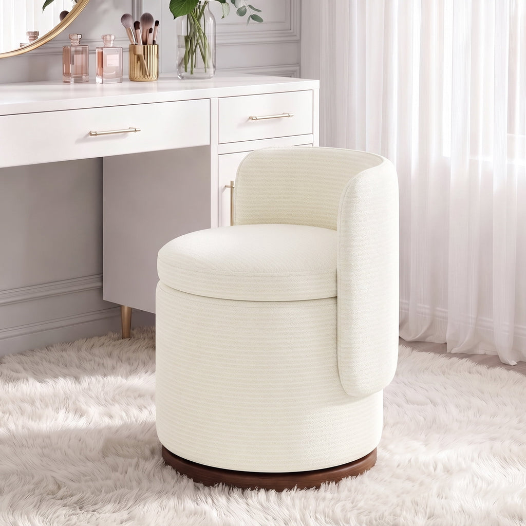 EOP Vanity Chair with Storage, 360° Swivel Upholstered Makeup Vanity Stool with Back, Modern Round Accent Stool for Bedroom or Dressing Room, White