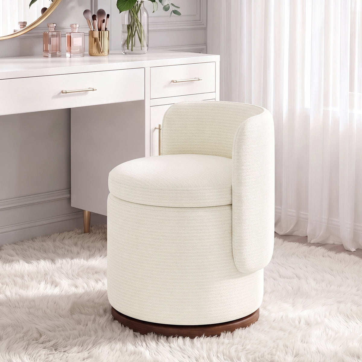 EOP Vanity Chair with Storage, 360° Swivel Upholstered Makeup Vanity Stool with Back, Modern Round Accent Stool for Bedroom or Dressing Room, White