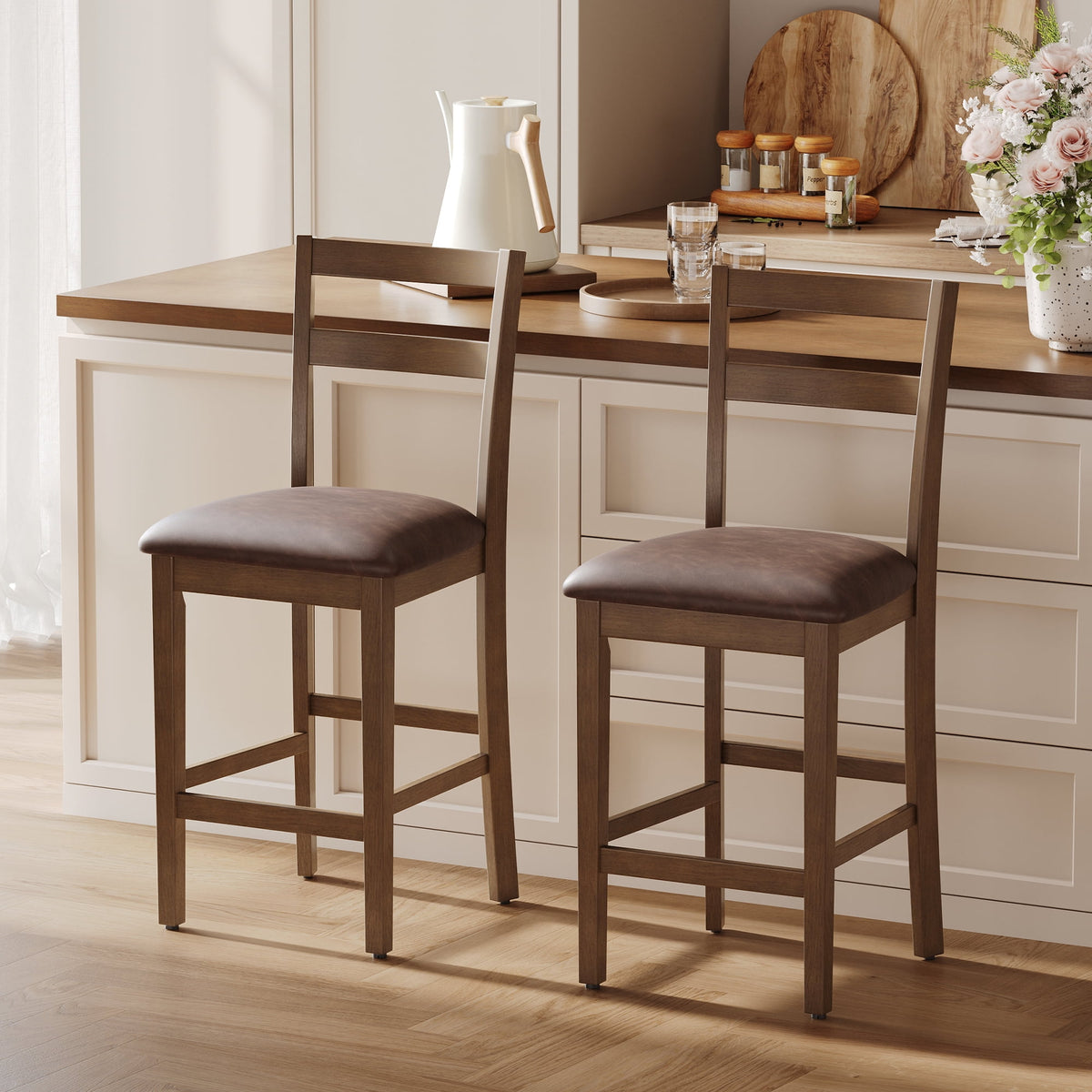 EOP Wood Bar Stools, PU Leather Upholstered Bar Chairs with Slat Back, Count Height Barstools with Footrest for Kitchen Island