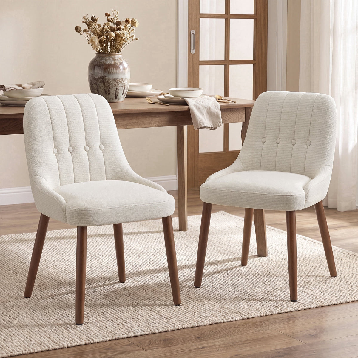 EOP Wooden Dining Chairs Set of 2, Modern Tufted Button Kitchen Chairs with Solid Wood Legs, Upholstered Fabric Dining Room Chairs for Living Room Bedroom, Beige