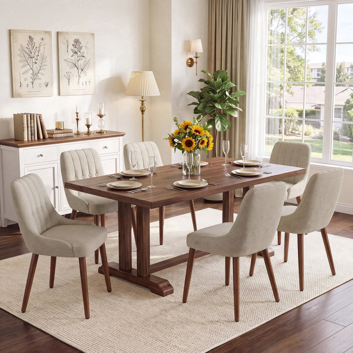 EOP Wooden Dining Chairs Set of 2, Modern Tufted Button Kitchen Chairs with Solid Wood Legs, Upholstered Fabric Dining Room Chairs for Living Room Bedroom, Beige