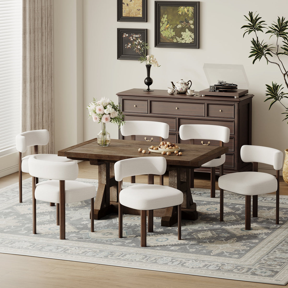 Upholstered Dining Chairs Set of 4, Mid Century Modern Dining Room Chairs, Farmhouse Wooden Chairs with Ergonomic Curved Backrest for Kitchen Dining Vanity
