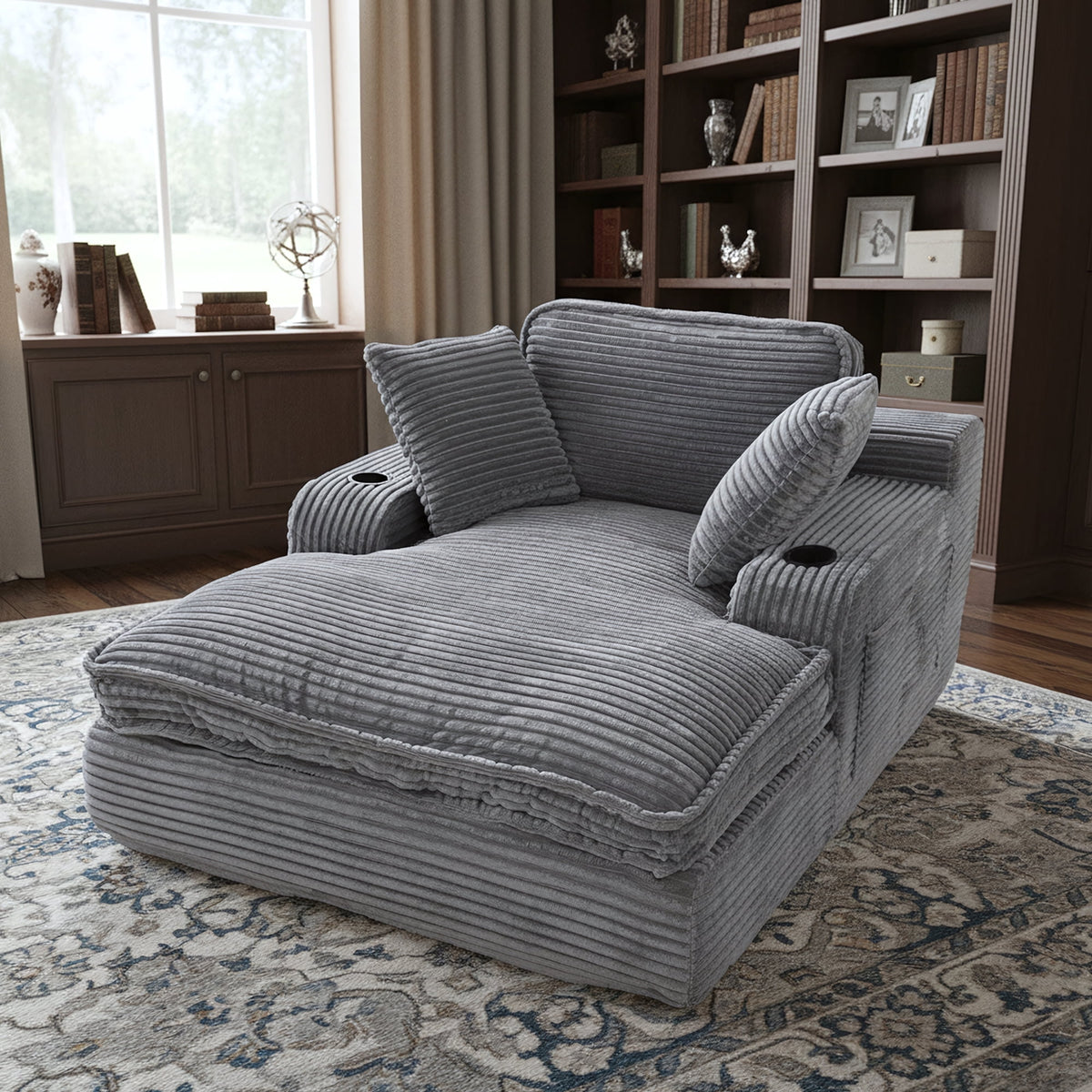 EOP 67'' Oversized Chaise Lounge Chair Indoor, Plush Boneless Cloud Couch with Side Pockets & Cup Holders, Comfy Corduroy Sleeper Couch with Removable Pillows for Living Room, Gray
