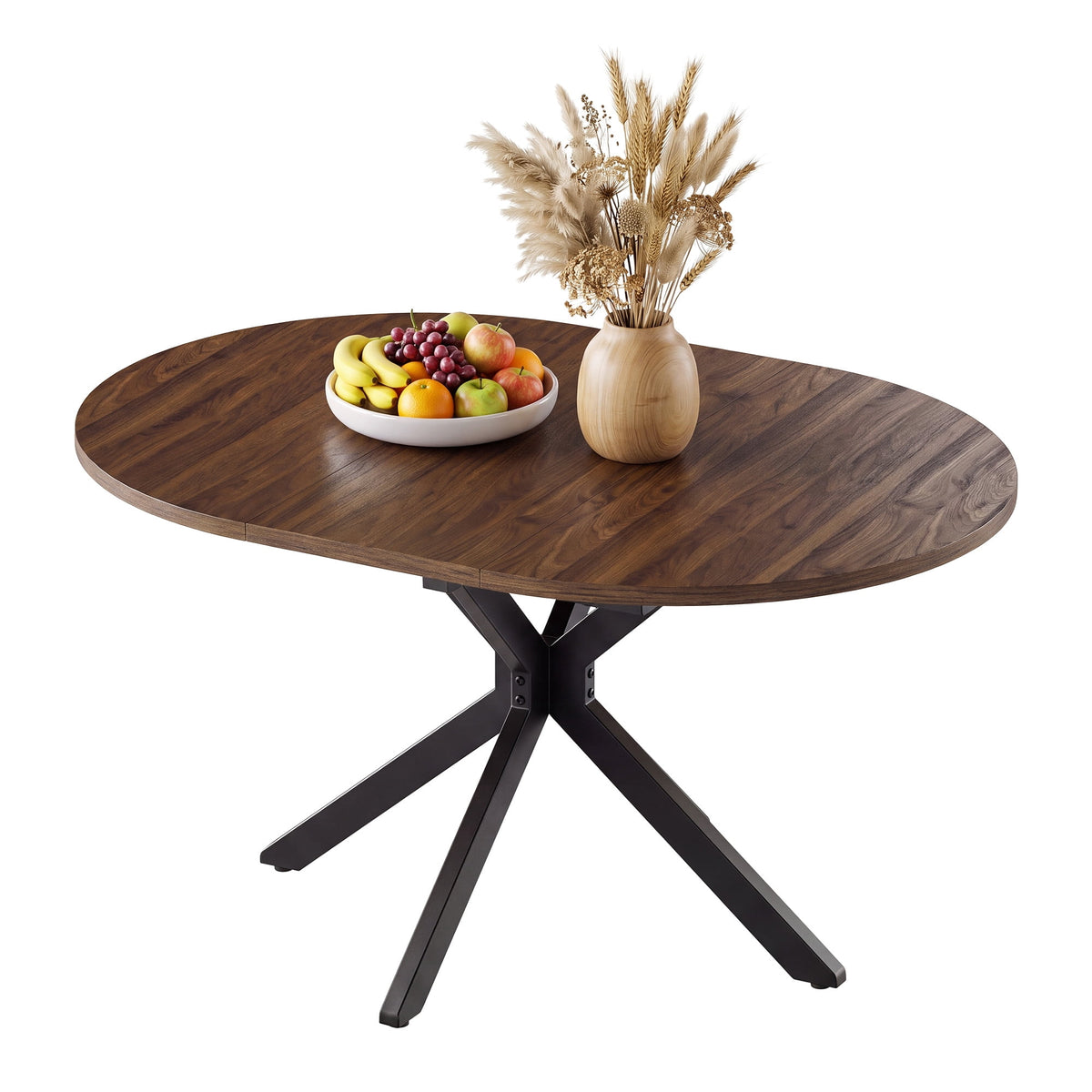 EOP 43″- 59″ Extendable Round Dining Table for 4-6, Farmhouse Oval Kitchen Table with Removable Leaves, Mid Century Modern Dining Room Table with Metal Frame, Space Saving, Walnut