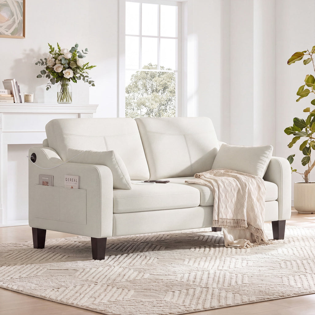 EOP 52" Upholstered Loveseat Sofa with USB & Type-C Charging, 2 Seater Small Couch with Storage Pockets & Armrest Pillows for Living Room, Apartment, Office, Small Spaces, Beige