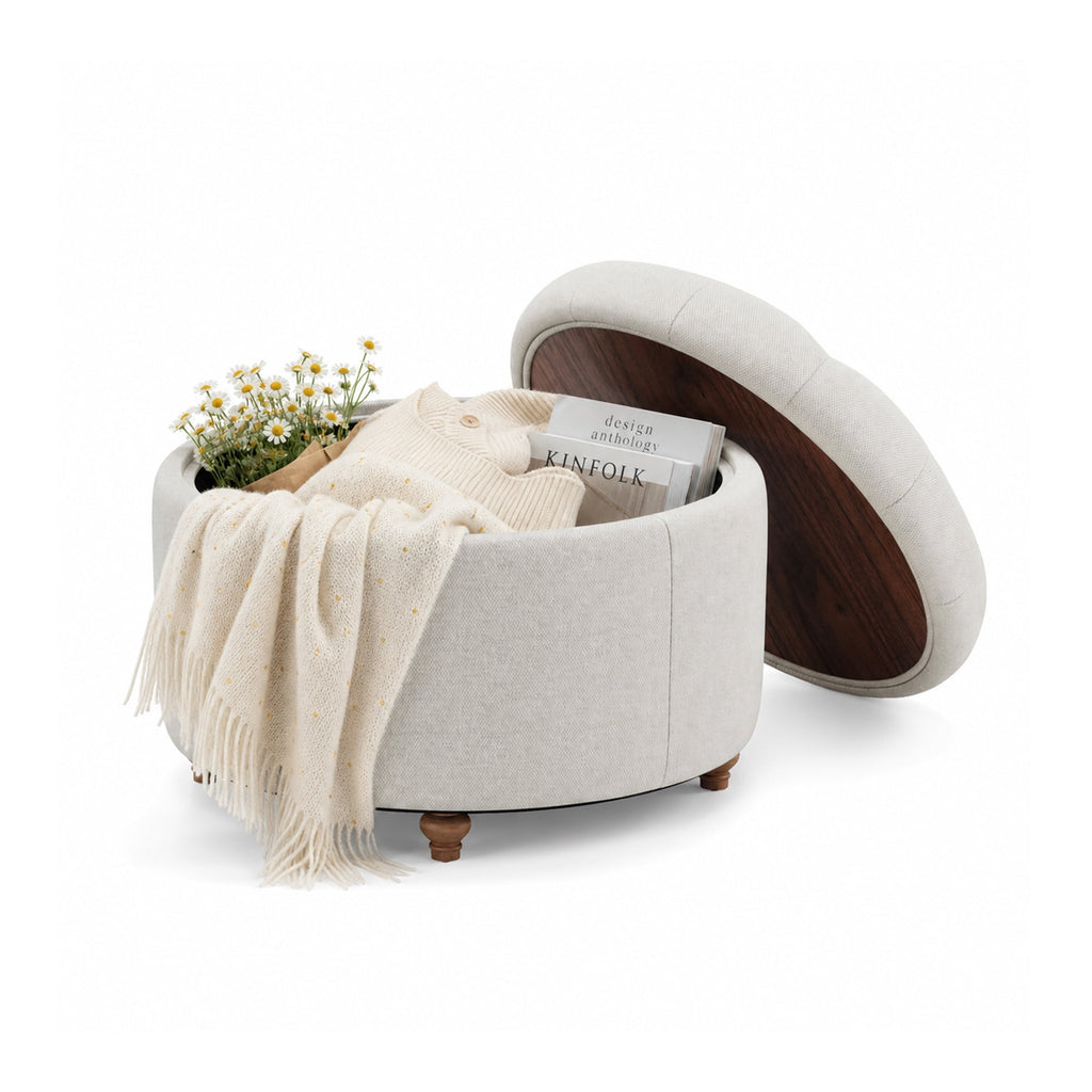 EOP 25" Round Storage Ottoman, Tufted Fabric Modern Circle Ottoman with Reversible Tray Lid, Solid Wood Legs, Multi-Use Coffee Table & Seating for Living Room, Bedroom, Beige