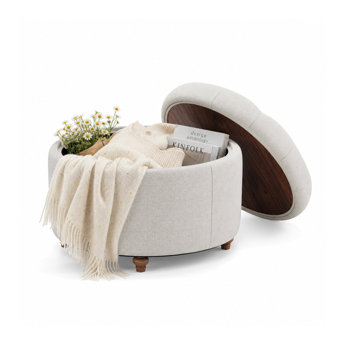 EOP 25" Round Storage Ottoman, Tufted Fabric Modern Circle Ottoman with Reversible Tray Lid, Solid Wood Legs, Multi-Use Coffee Table & Seating for Living Room, Bedroom, Beige
