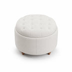 EOP 25" Round Storage Ottoman, Tufted Fabric Modern Circle Ottoman with Reversible Tray Lid, Solid Wood Legs, Multi-Use Coffee Table & Seating for Living Room, Bedroom, Beige