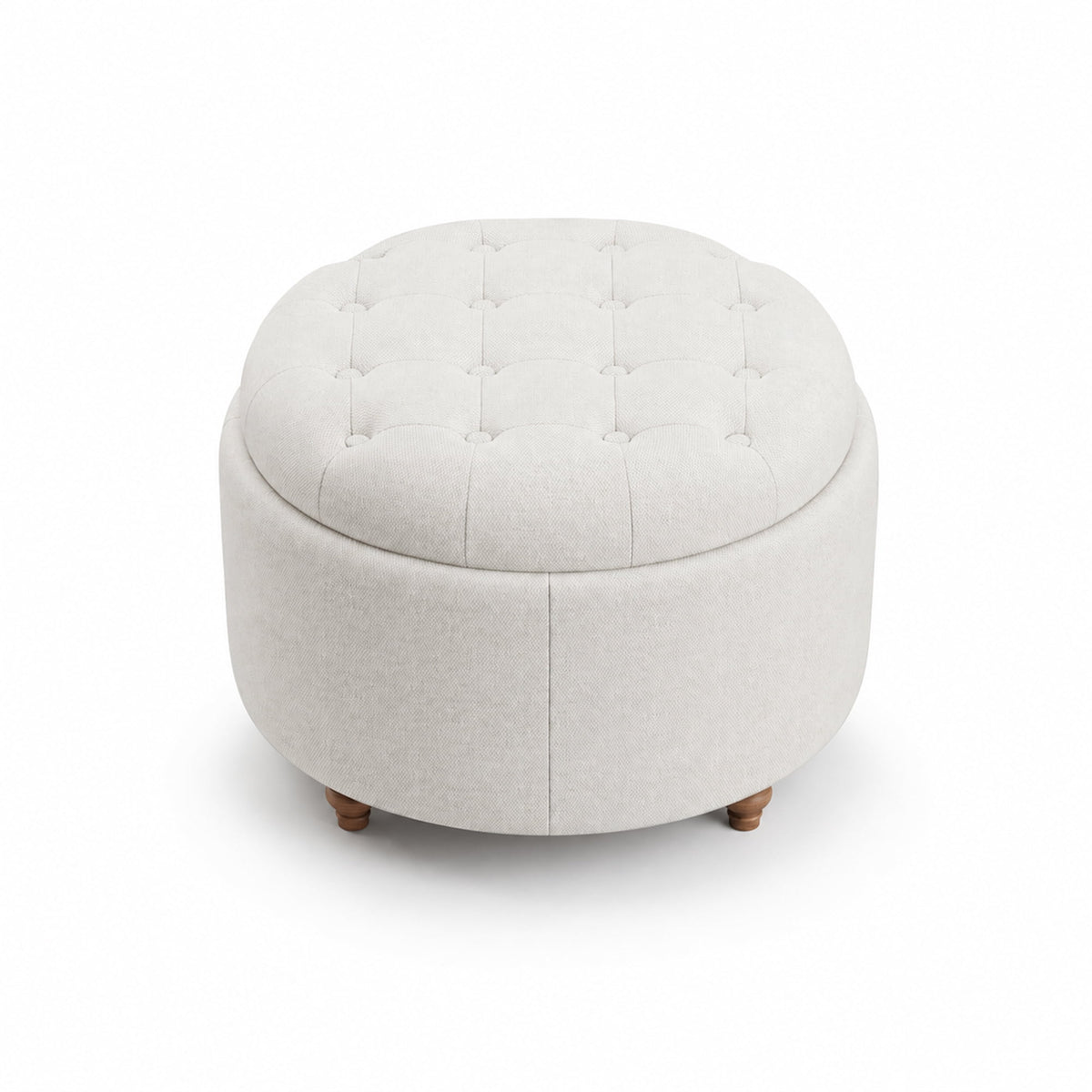 EOP 25" Round Storage Ottoman, Tufted Fabric Modern Circle Ottoman with Reversible Tray Lid, Solid Wood Legs, Multi-Use Coffee Table & Seating for Living Room, Bedroom, Beige