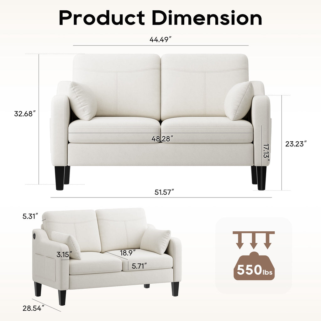 EOP 52" Upholstered Loveseat Sofa with USB & Type-C Charging, 2 Seater Small Couch with Storage Pockets & Armrest Pillows for Living Room, Apartment, Office, Small Spaces, Beige