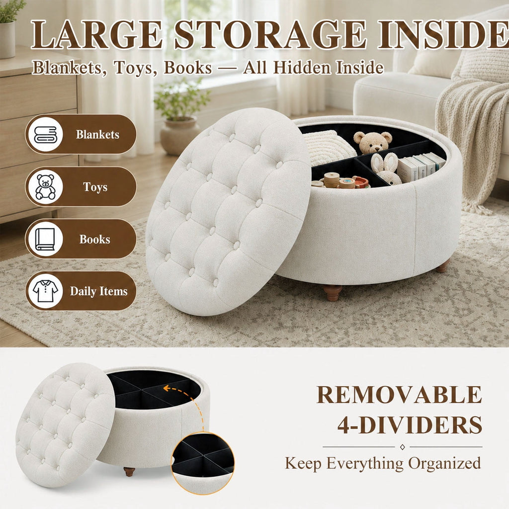 EOP 25" Round Storage Ottoman, Tufted Fabric Modern Circle Ottoman with Reversible Tray Lid, Solid Wood Legs, Multi-Use Coffee Table & Seating for Living Room, Bedroom, Beige
