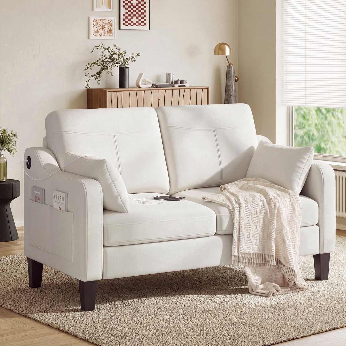 EOP 52" Upholstered Loveseat Sofa, Modern Comfy 2 Seater Couches with USB & Type-C Port, Side Pockets & 2 Pillows for Living Room, Apartment and Small Spaces, Beige
