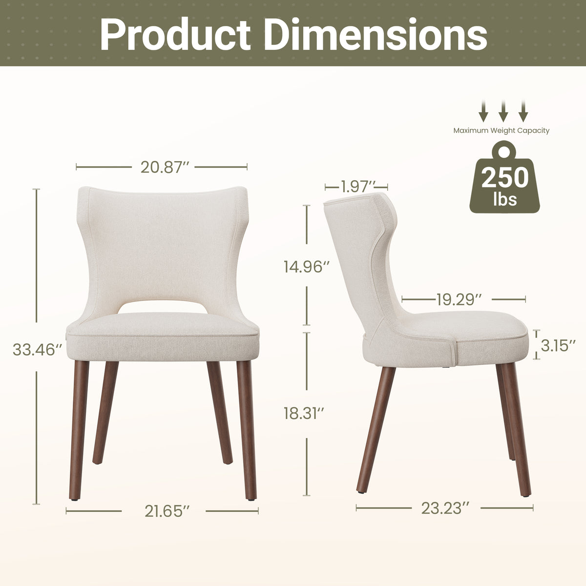 EOP Modern Fabric Upholstered Dining Chairs Set of 2, Wingback Dining Side Chairs with Solid Wood Legs, Farmhouse Dining Room Chairs for Dining Kitchen Living Room, Beige