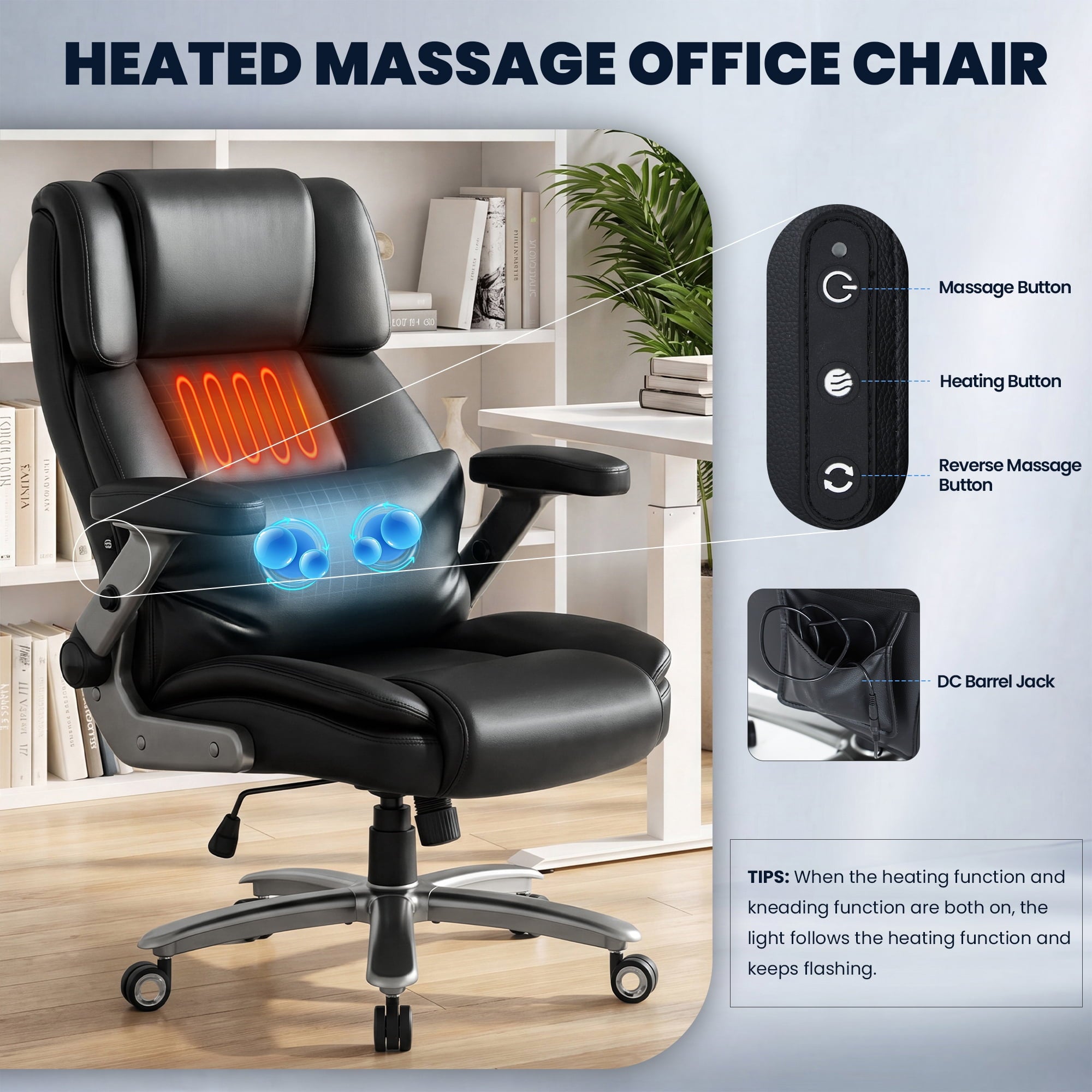 EOP Big and Tall Heated Massage Office Chair, High Back Executive Desk Chair with 4D Flip-Up Armrests & Lumbar Support for Home Office, Black