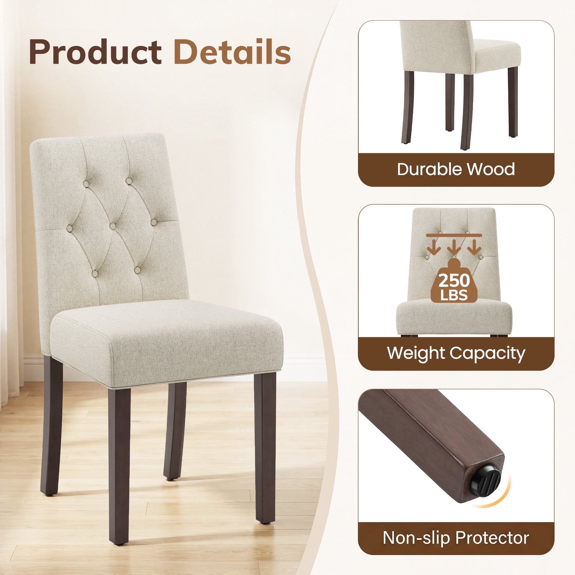 EOP Dining Chairs Set of 2, Modern Upholstered Fabric Dining Room Chairs, Armless Kitchen Side Chairs with Wood Legs and Padded Seat for Living Room, Bedroom, Kitchen, Beige