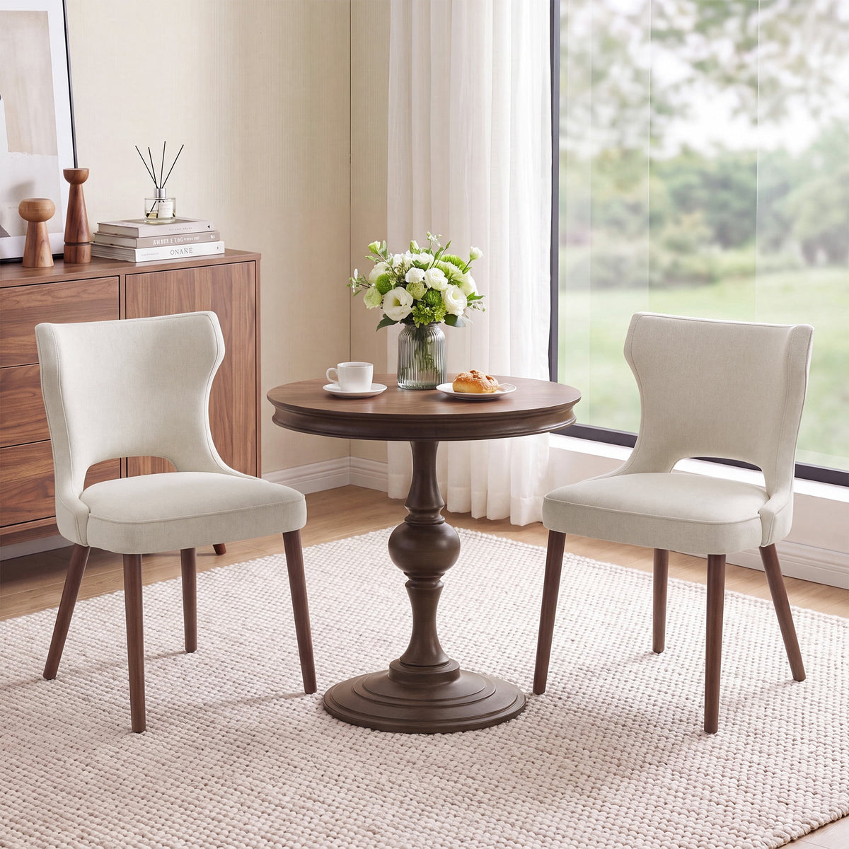 EOP Modern Fabric Upholstered Dining Chairs Set of 2, Wingback Dining Side Chairs with Solid Wood Legs, Farmhouse Dining Room Chairs for Dining Kitchen Living Room, Beige
