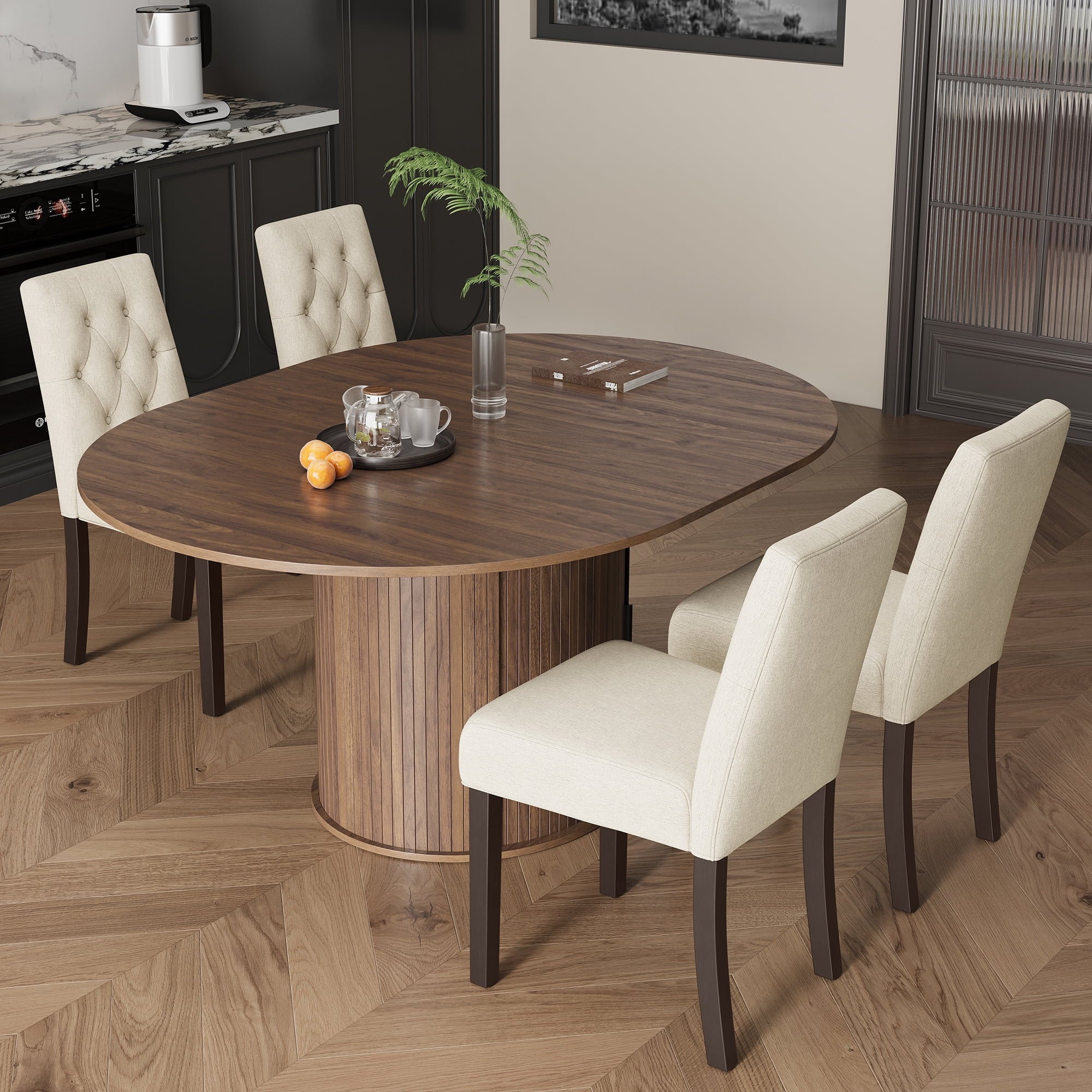 EOP 5-Piece Extendable Dining Table Set for 4, 47"-63" Wood Kitchen Table with 4 Upholstered Chairs, Space-Saving Drop Leaf Kitchen Table for Dining Room, Small Space