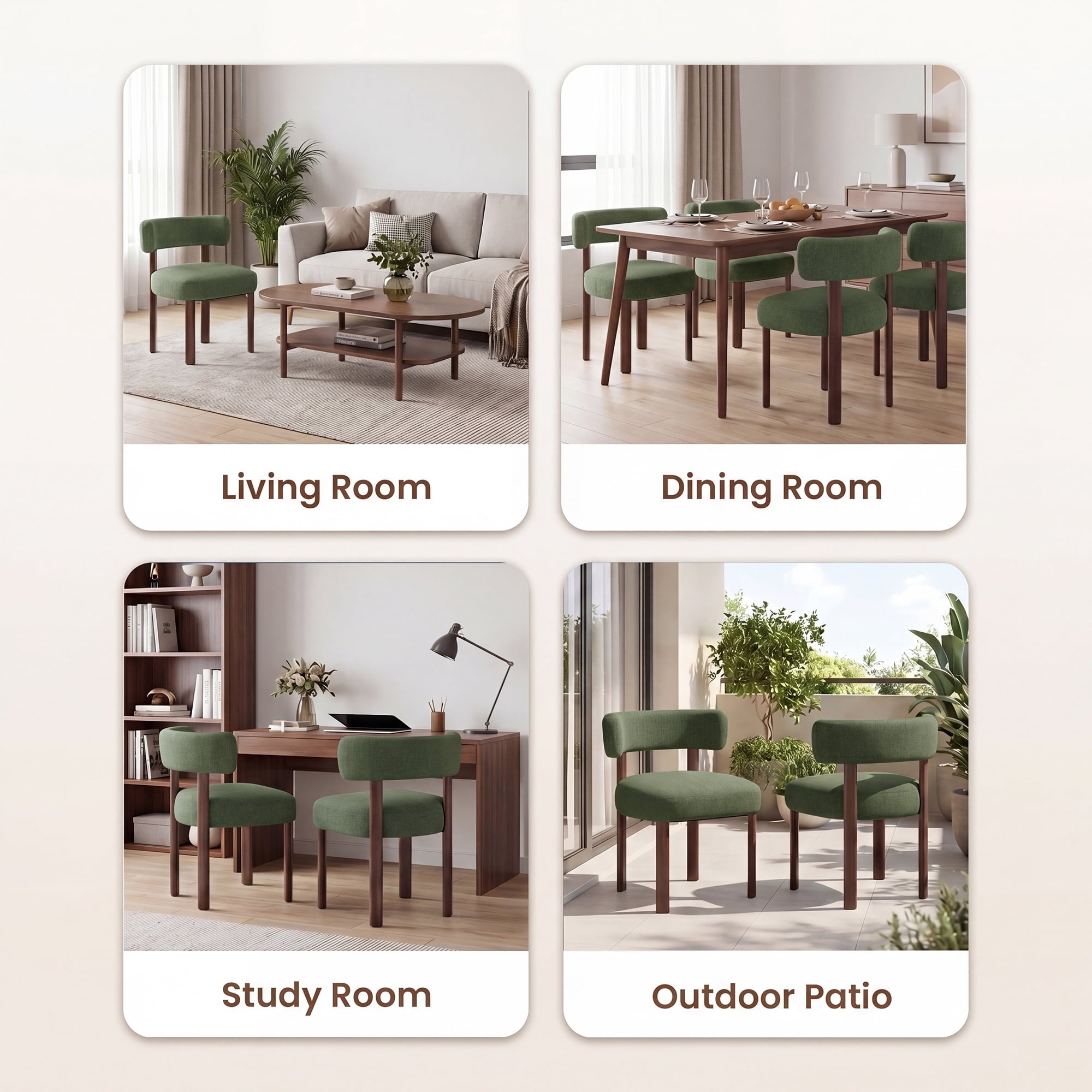 EOP Fabric Dining Chairs Set of 2, Mid-Century Modern Upholstered Kitchen Chairs with Curved Backrest and Wood Legs for Dining Room or Restaurant, Green