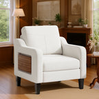 EOP Accent Chair with Foldable Table, Beige Linen Fabric Armchair with Side Pockets, Comfy Reading Chair for Living Room Bedroom