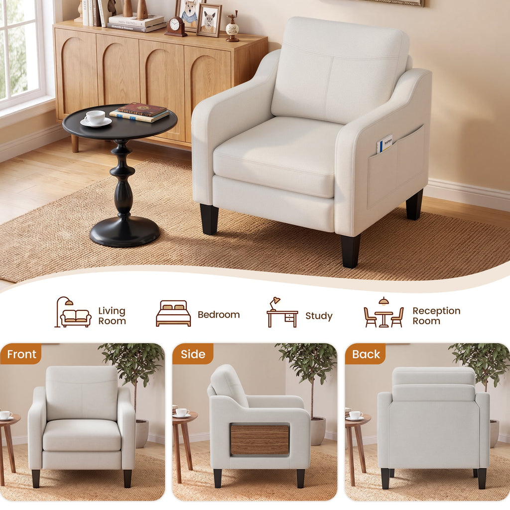 EOP Modern Comfy Armchair, Linen Fabric Accent Chair with Side Pockets, Living Room Chair with Foldable Table, Upholstered Reading Chair for Bedroom, Beige