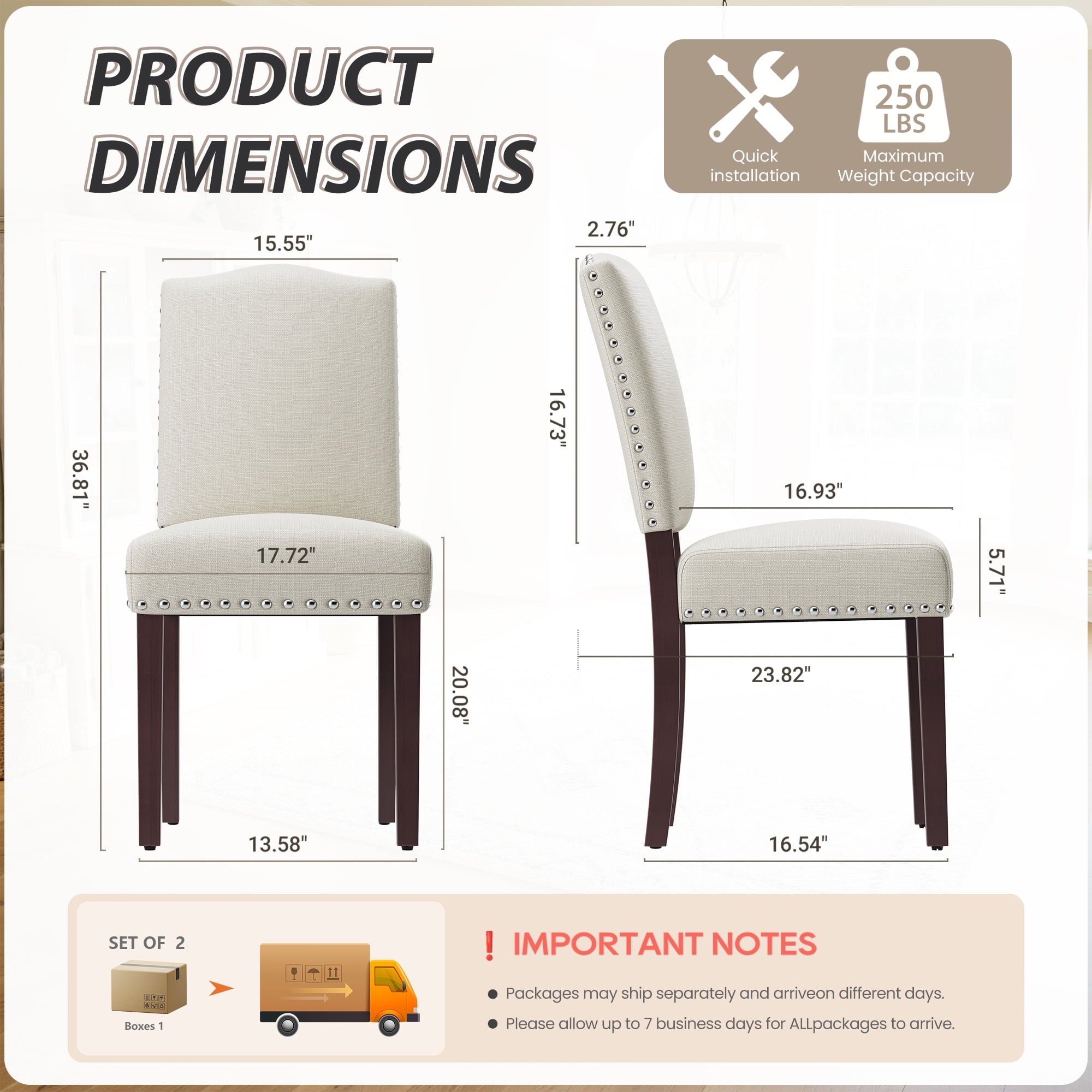 EOP Mid-Century Modern Upholstered Dining Chairs Set of 2, Farmhouse Fabric Kitchen & Dining Room Chairs with Extra Padded Seat, Ideal for Living Room, Restaurant, Beige
