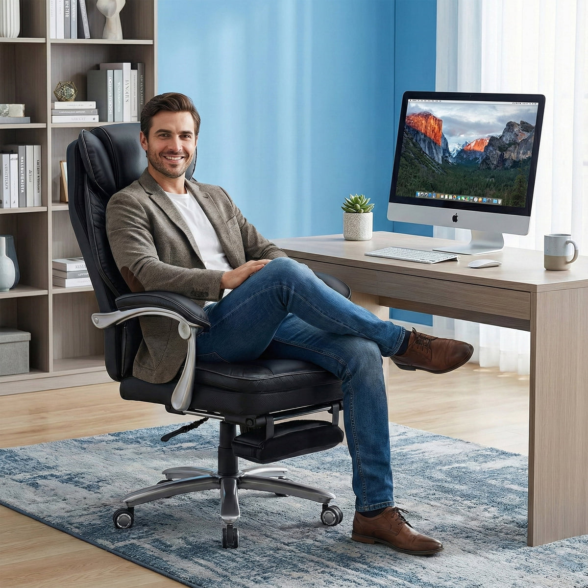 EOP Massage Big and Tall Office Chair with Heat and 4 Vibration Points, Executive Desk Chair with Adjustable Footrest, Black