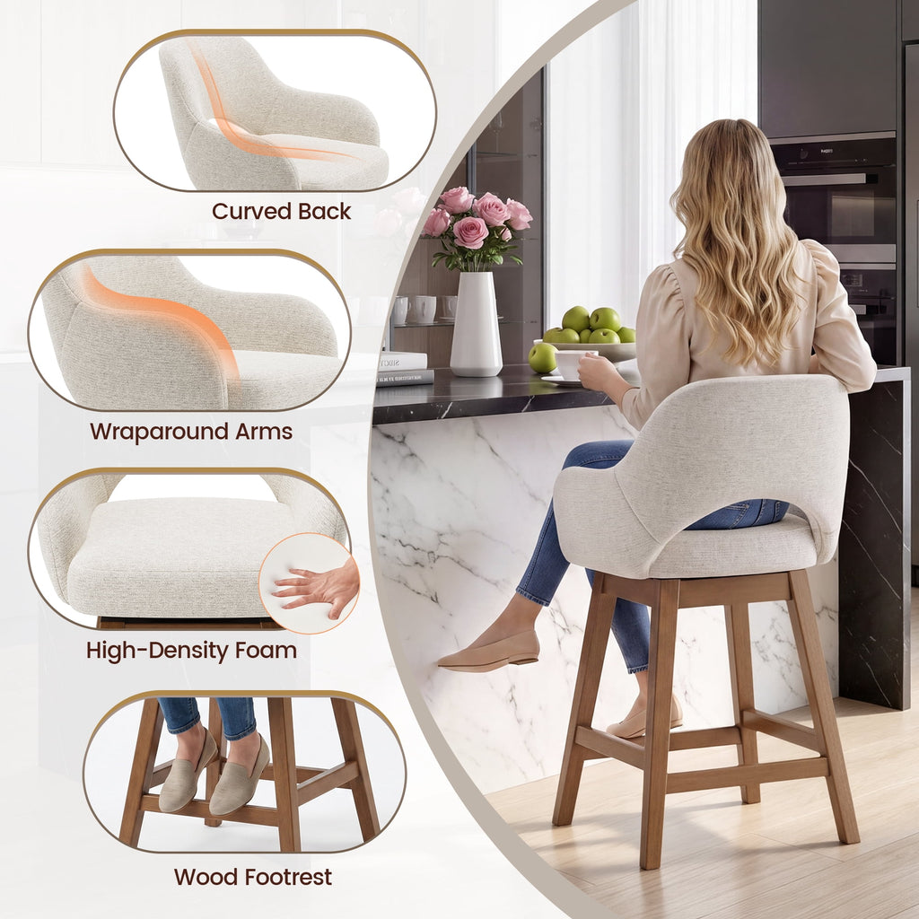 EOP Modern Swivel Bar Stools Set of 2, 25" Upholstered Counter Height Bar Stools with Wood Legs & Curved Back, Mid Century Bar Chairs for Kitchen Island Pub, Beige