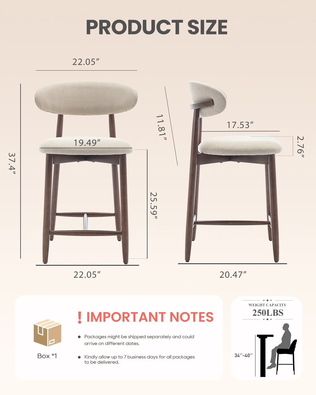 EOP Barstools Set of 2, Mid Century Counter Height Barstools with Curved Back, Upholstered Kitchen Bar Chairs with Wood Legs for Kitchen Island Dining Room