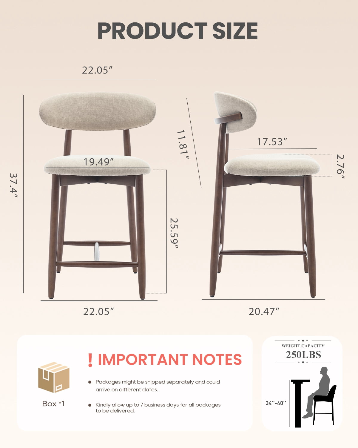 EOP Barstools Set of 2, Mid Century Counter Height Barstools with Curved Back, Upholstered Kitchen Bar Chairs with Wood Legs for Kitchen Island Dining Room