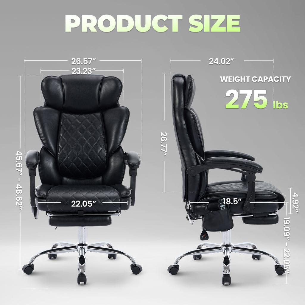 EOP Massage Office Chair, Reclining Faux Leather Chair with Heat and 6 Vibration Points, Big and Tall Executive Desk Chair with Headrest and Adjustable Footrest, Black