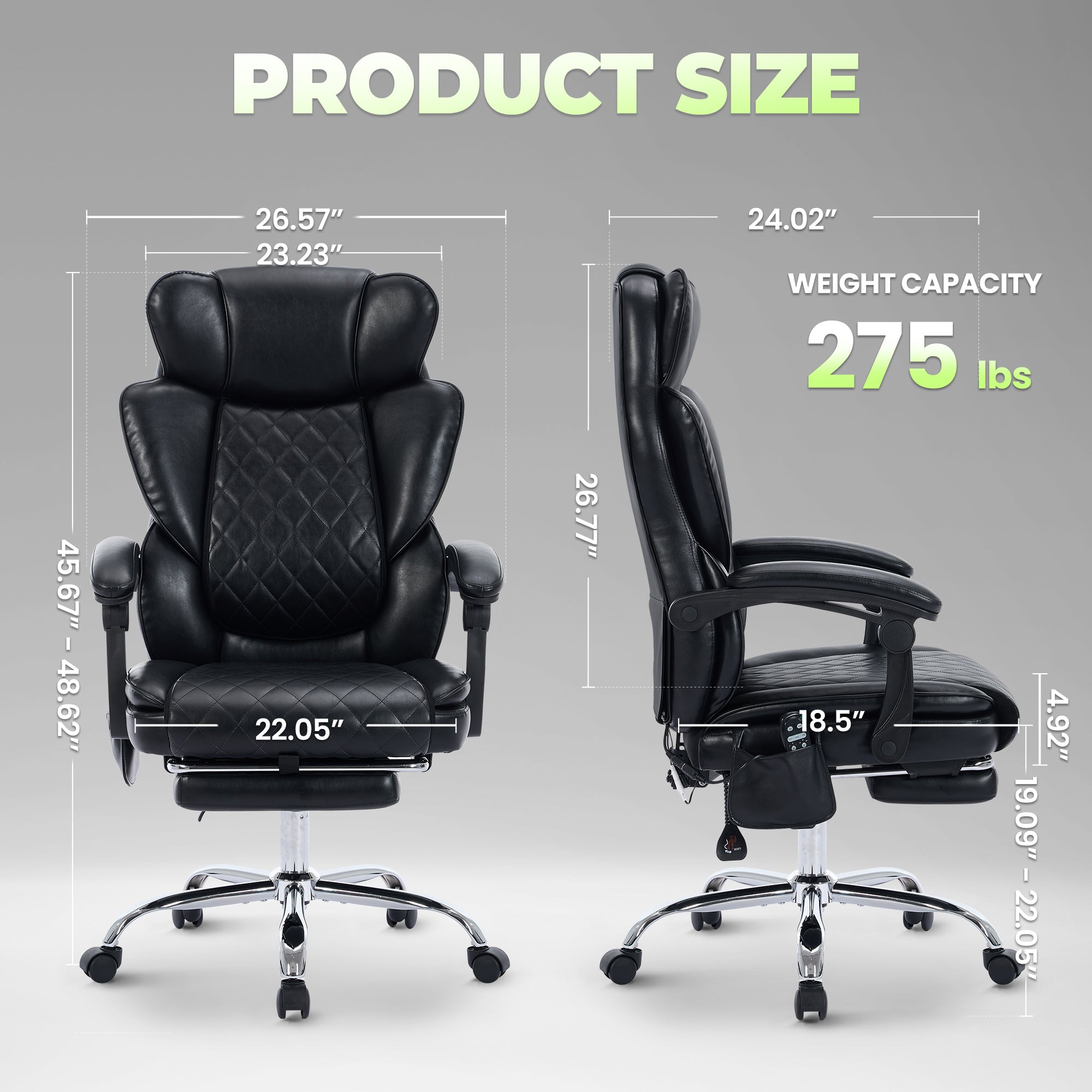 EOP Massage Office Chair, Reclining Faux Leather Chair with Heat and 6 Vibration Points, Big and Tall Executive Desk Chair with Headrest and Adjustable Footrest, Black
