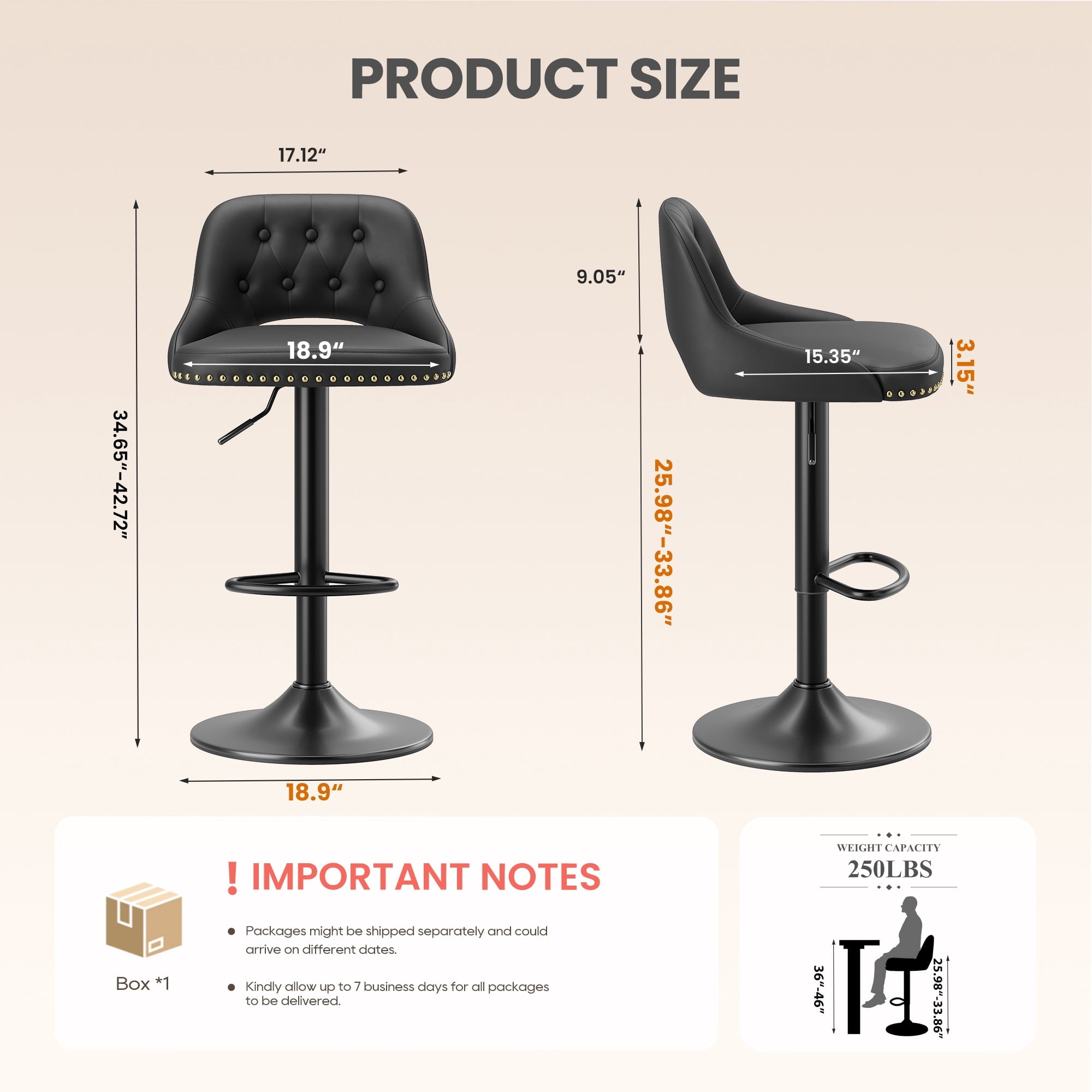 EOP Swivel Bar Stool, Adjustable Height PU Leather Bar Chair with Curved Backrest, Counter Height Seating for Kitchen Island Dining Room, Black