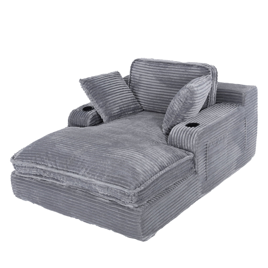 EOP 67'' Oversized Chaise Lounge Chair Indoor, Plush Boneless Cloud Couch with Side Pockets & Cup Holders, Comfy Corduroy Sleeper Couch with Removable Pillows for Living Room, Gray
