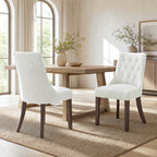 EOP Mid Century Modern Dining Chairs Set of 2, Farmhouse Upholstered Kitchen Chairs with Solid Wood Legs and Button Tufted for Dining Room, Beige
