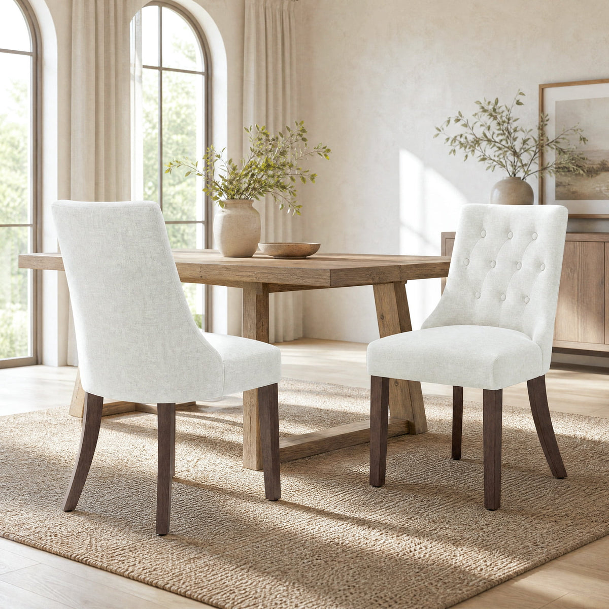 EOP Mid Century Modern Dining Chairs Set of 2, Farmhouse Upholstered Kitchen Chairs with Solid Wood Legs and Button Tufted for Dining Room, Beige