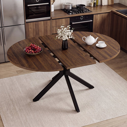 EOP 43″- 59″ Extendable Round Dining Table for 4-6, Farmhouse Oval Kitchen Table with Removable Leaves, Mid Century Modern Dining Room Table with Metal Frame, Space Saving, Walnut
