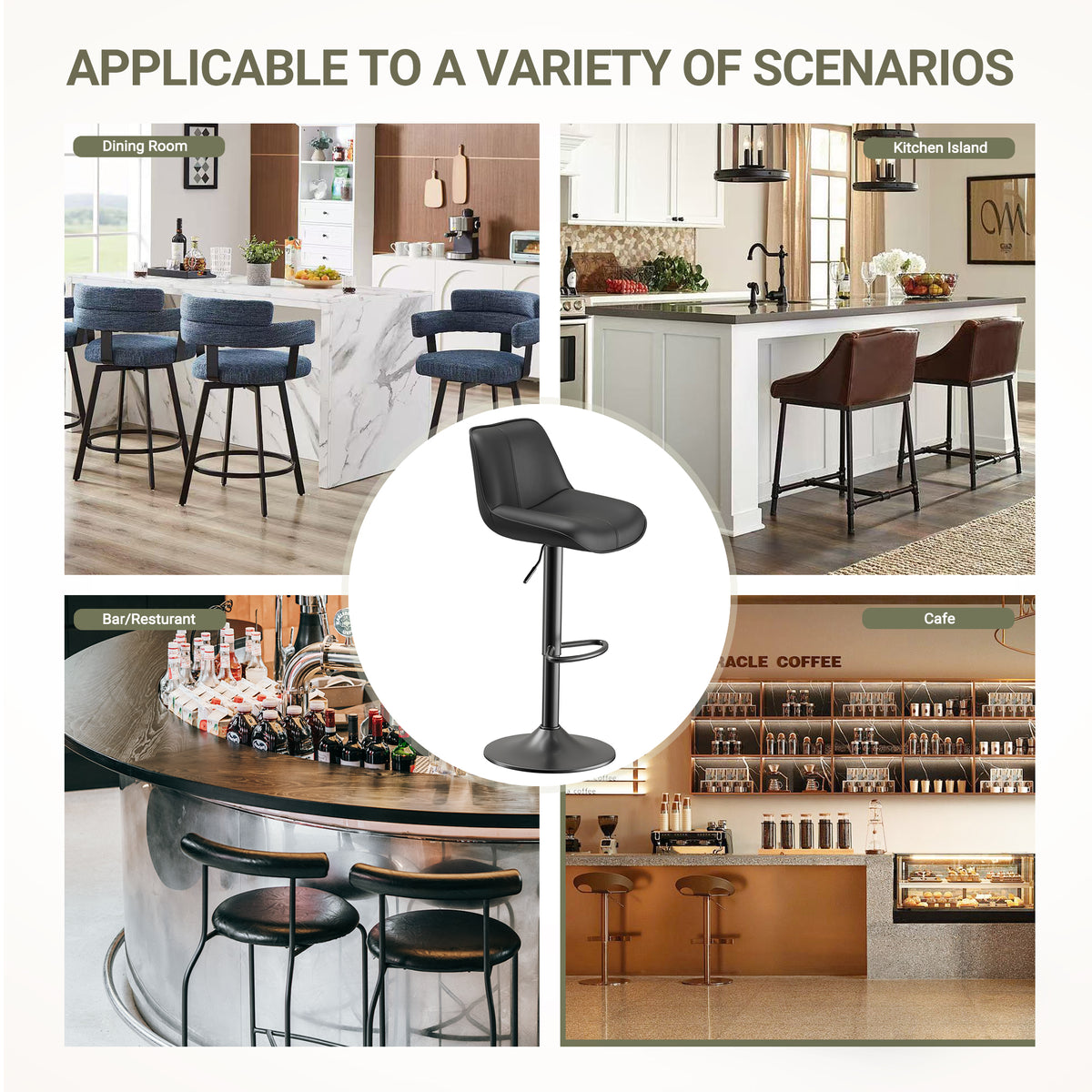 EOP Upholstered Bar Stool Set of 1, Adjustable Swivel Counter Height Bar Chair with Backrest, Modern PU Leather Counter Stool for Bar, Kitchen, Dining Room, Black