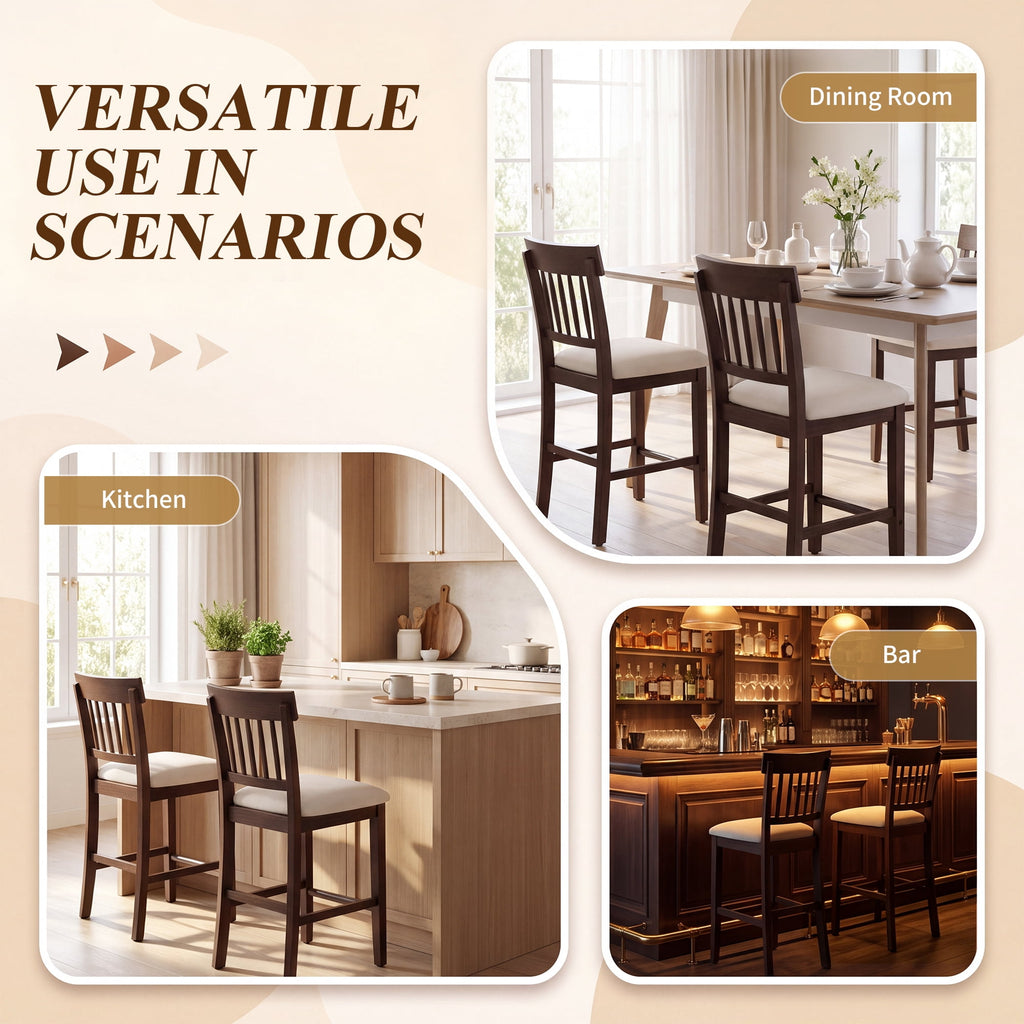 EOP Windsor Armless Bar Stools Set of 2 Counter Height Stool Wooden Barstools Antique-style Island chair for Kitchen Bar Dining Room, Dark Brown