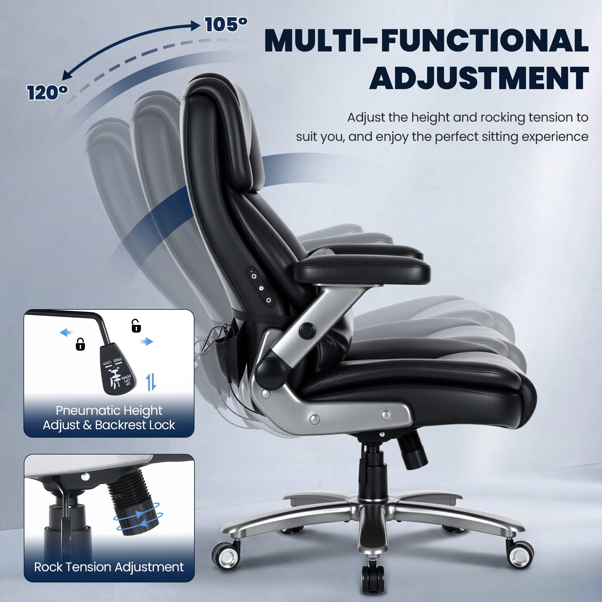 EOP Big and Tall Heated Massage Office Chair, High Back Executive Desk Chair with 4D Flip-Up Armrests & Lumbar Support for Home Office, Black